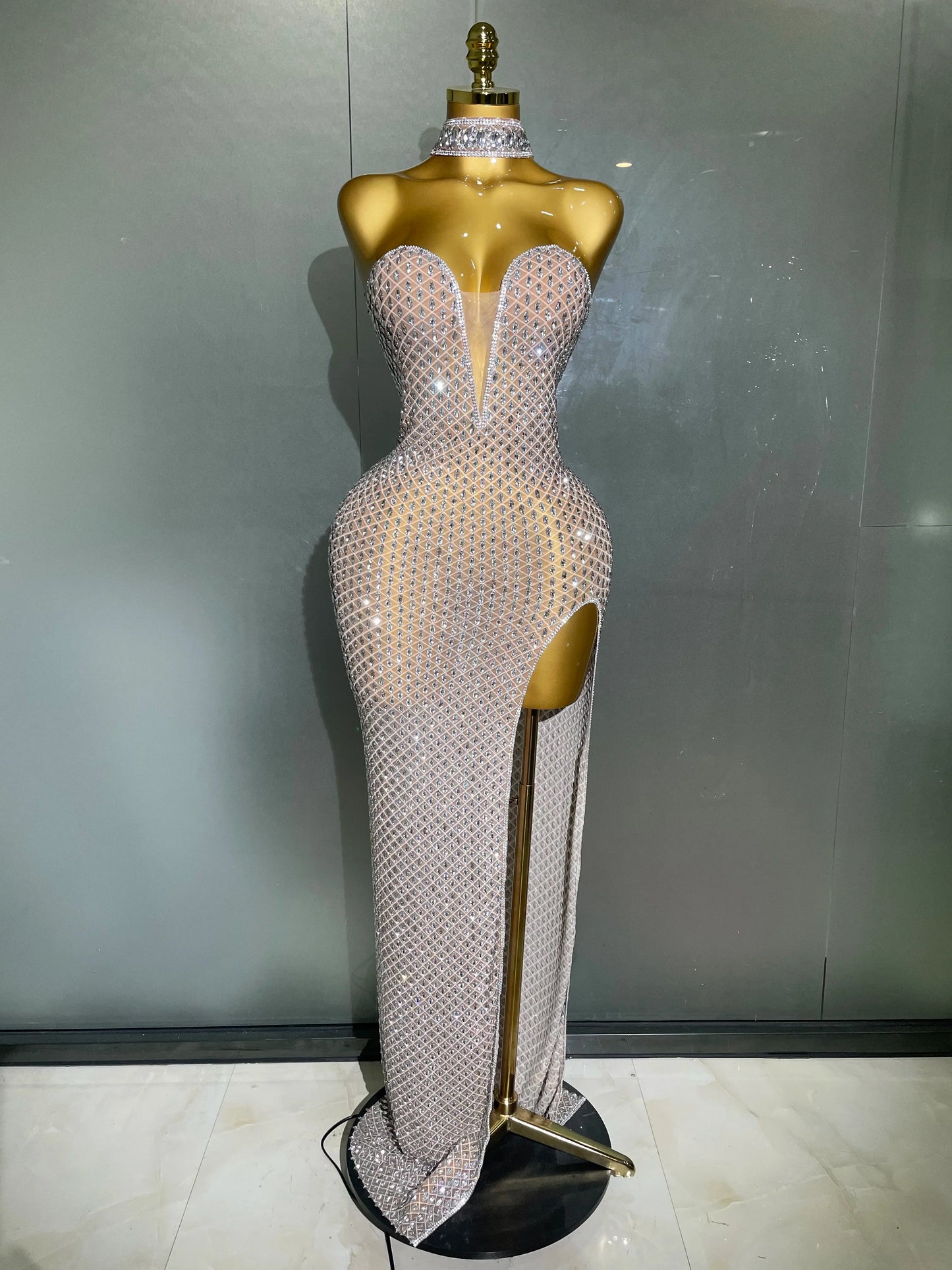 2025 Luxurious Full Rhinestones Mesh Transparent Long Dress Women Birthday Celebrate Evening Prom Dress Party Club Stage Costume