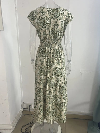 2026 Vintage Printed Dress Fashionable and Elegant V-Neck Short-Sleeved Jumpsuit Long Skirt Women's Clothing