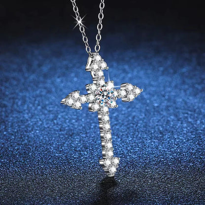 Real 1 Carat Moissanite Cross Pendant Necklace For Women 100% 925 Sterling Silver D Color Diamond Necklaces Fine Jewelry