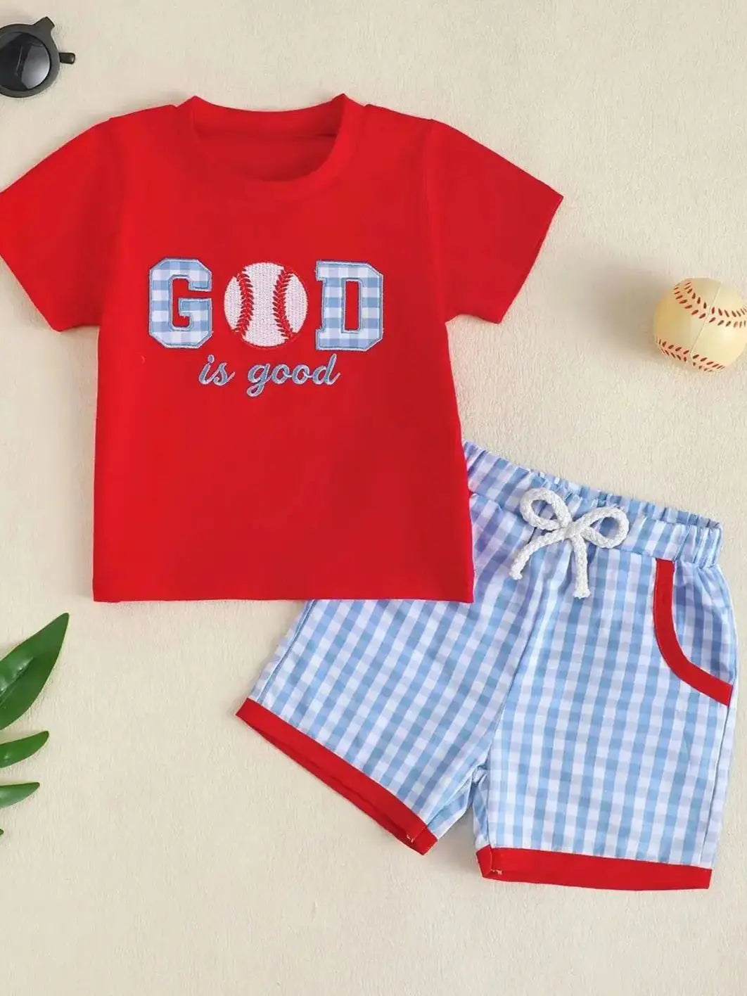 Infant Boys' Casual Round Neck Short Sleeve Set with Baseball Pattern Embroidery And Letters Toddler Boy's Comfortable Clothing