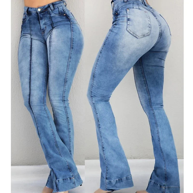 Women Slim Fit Denim Pants Bell Bottom High Waist Bootleg Jeans Stretch Female Flare Trouser Fashion Wide Leg Ripped Trousers