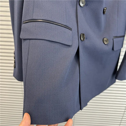 (1 Pcs Jackets) New Thicken Thicken Striped Casual Suit Jacket Fashion Splicing Leather Neck Men's Business Slim Blazers Tuxedos