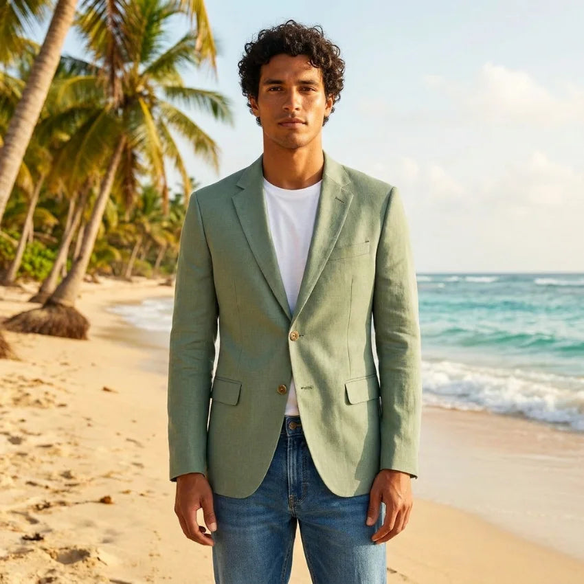 Linen Men Blazer for Summer Beach Party 1 Piece Sage Green Notched Lapel Slim Fit Man Suit Jacket Male Fashion Suit New XS-5XL