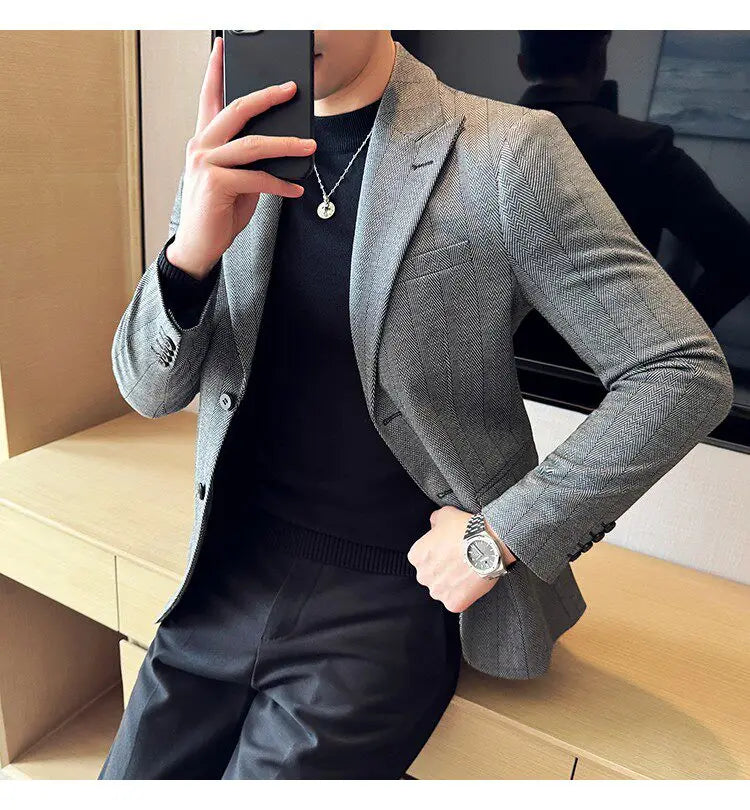 Men's Herringbone Stripe Suit Blazer Classic Lapel Dress Jacket Elegant Slim Fit Fashion Simple Casual Business Prom Suit Jacket