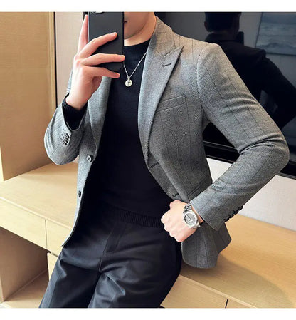 Men's Herringbone Stripe Suit Blazer Classic Lapel Dress Jacket Elegant Slim Fit Fashion Simple Casual Business Prom Suit Jacket