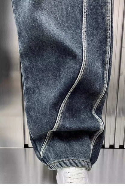 Spring Autumn 2025 New Splicing Cutting Elastic Waist Large Size Boys Washed Loose Wide Leg Big Pocket Scimitar Drawstring Jeans