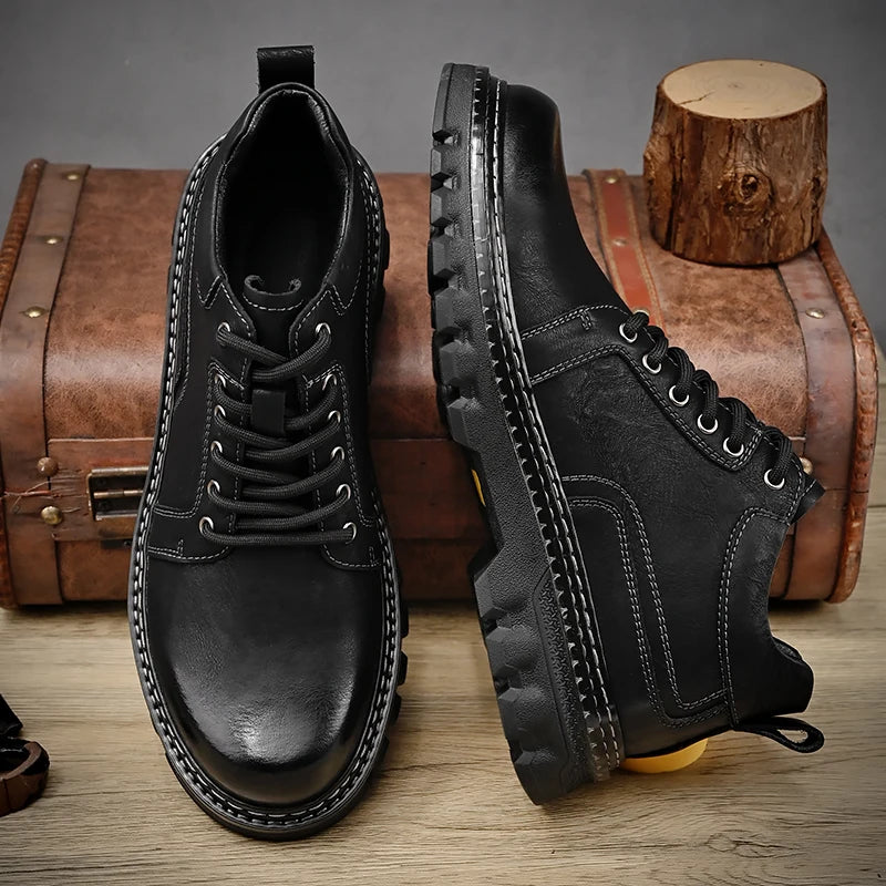 Genuine Leather Men Boots Cow Leather Upper Durable Sole Lace up Autumn Winter Boots Fur Daily Leisure Outdoor Shoes For Man New
