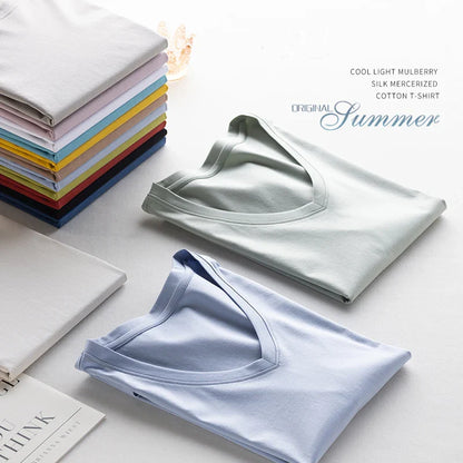 6% Real Silk Cotton Modal Women's T-shirt 2026 Summer Tees Short Sleeve Solid Tee Shirts V-neck Casual Woman Basic T shirt Tops