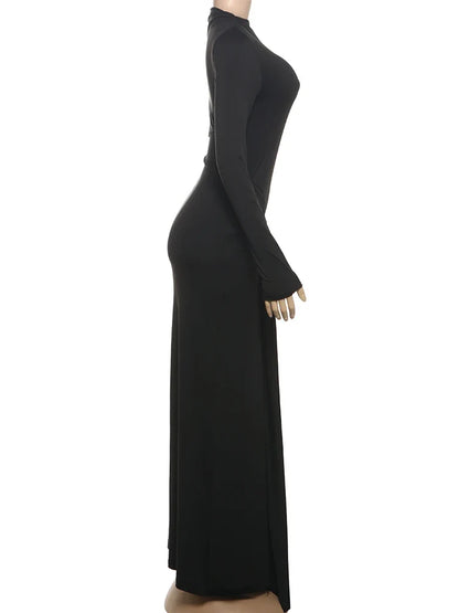 Ruched Elegant Maxi Dress Women Daily Casual Fashion Skinny Full Sleeve Solid Gown Midnight Prom Party Long Bodycon