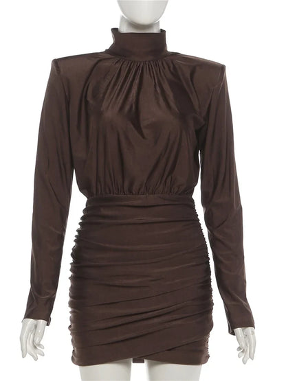 Classic Turtleneck Dress Women Shoulder Padded Ruched Sexy Office Commute Simple Peach Hip Skinny Elegant Mini Bodycon