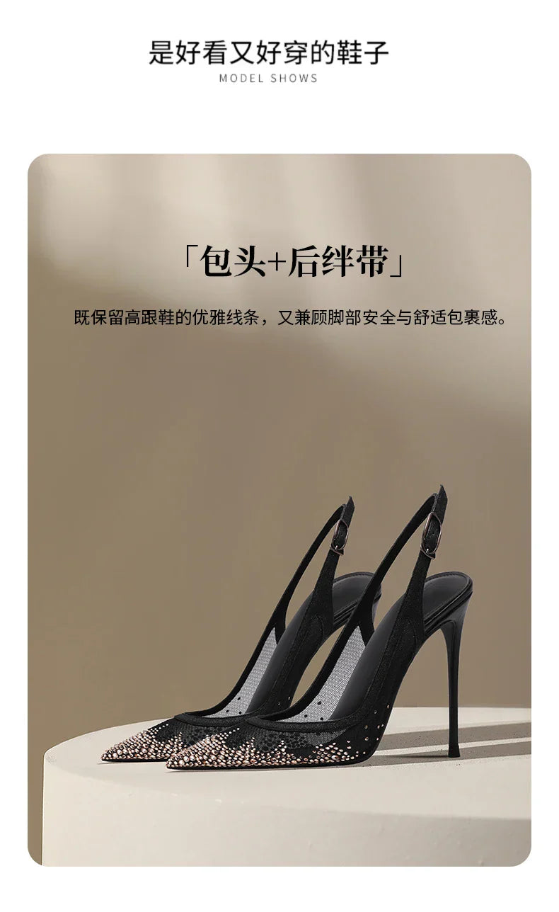 New Baotou sexy sandals with one buckle and summer mesh, rhinestone high heels for women, slim heels, shallow mouth