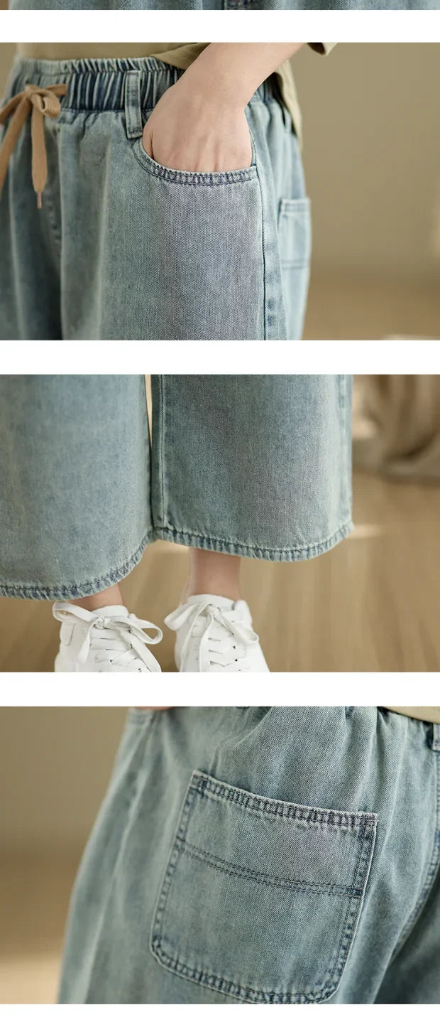Artistic Wide Leg Denim Jeans Women's Loose Fit Nine-Piece Vintage Slim Straight Cut Trousers Spring Faion Elastic Waist