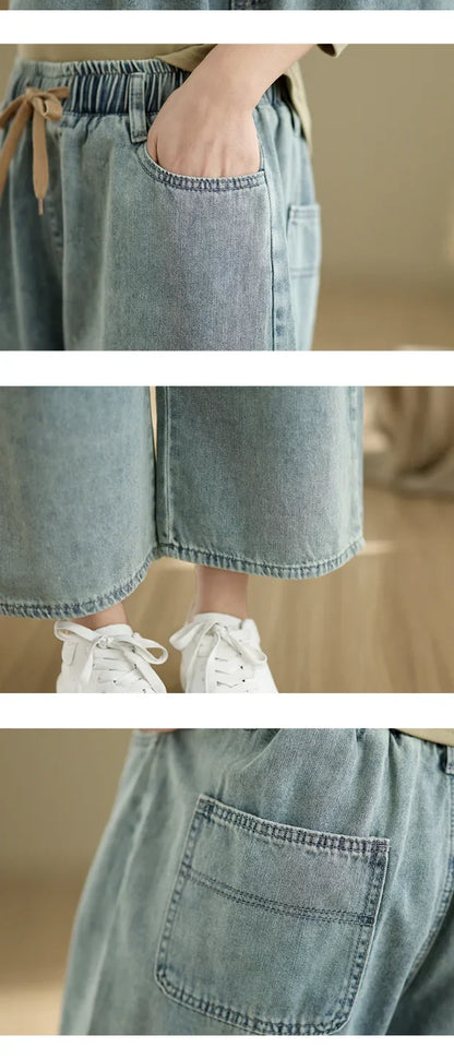Artistic Wide Leg Denim Jeans Women's Loose Fit Nine-Piece Vintage Slim Straight Cut Trousers Spring Faion Elastic Waist
