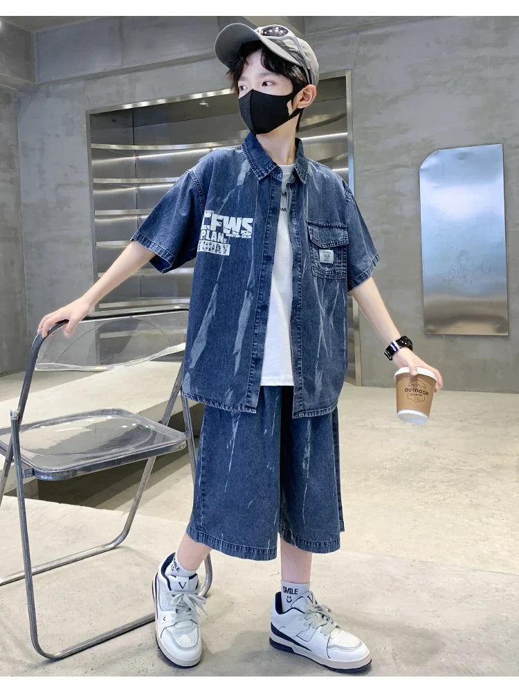 Cool Summer Set for Boys Denim Top and Bottom Set Kids Child Short Sleeve Shirt And Shorts 2 Pieces Outfits Suit Age 5-14 Years