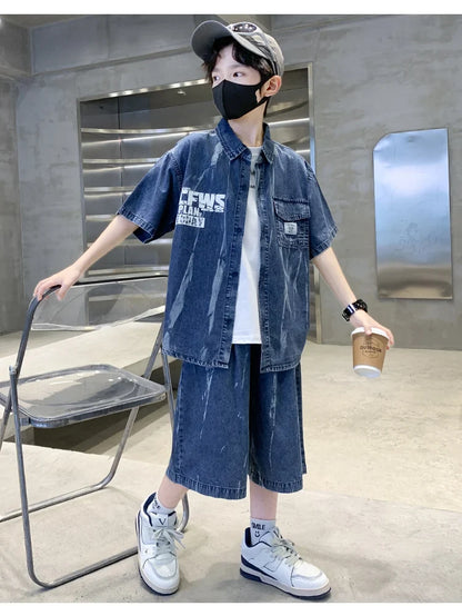 Cool Summer Set for Boys Denim Top and Bottom Set Kids Child Short Sleeve Shirt And Shorts 2 Pieces Outfits Suit Age 5-14 Years