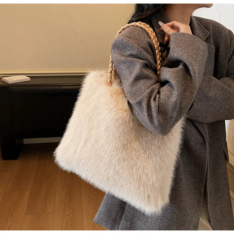 Fashion Women Furry Shoulder Bag Large Capacity Tote Handle Bag for Autumn Winter Outing Commuter Texture Versatile Storage Bags