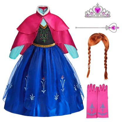 Kids Anna Cosplay Clothing Little Girls Christmas Halloween Gown Kids Party Red Cloak Costume Dance Long Sleeve Princess Dresses