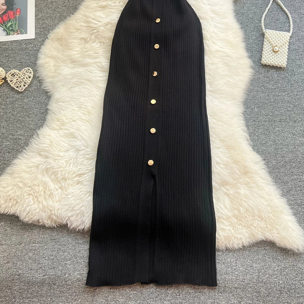 Chic Fashion Sexy Wrap Hips Knitted Long Dress 2026 New Brand Fashion Embroidery Single-breasted Shirt Dress Streetwear