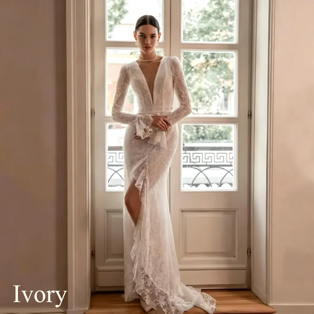 Boho Lace Appliques Mermaid Wedding Dress Simple Long Sleeves Sexy Deep V-Neck Cut-out Bridal Gown High Slit Vestidos Customized