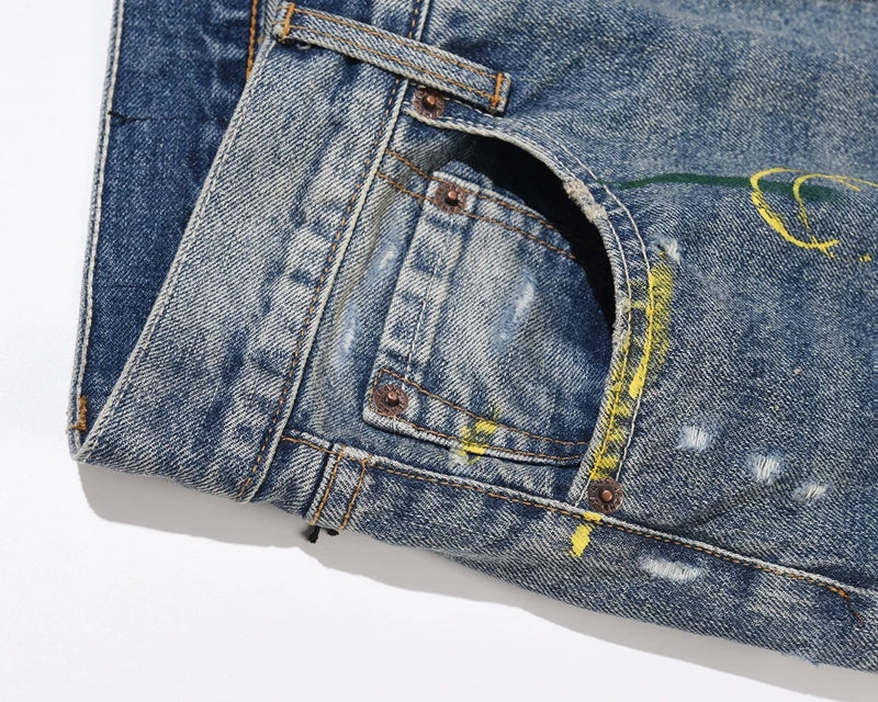 Blue Speckle Ink Washed Flared Jeans Slim Fit Hip Hop Graffiti Ripped Denim Pant Men Streetwear Vintage Wide Leg Jean Pants Y2k