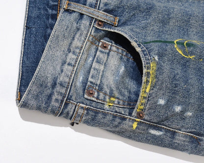 Blue Speckle Ink Washed Flared Jeans Slim Fit Hip Hop Graffiti Ripped Denim Pant Men Streetwear Vintage Wide Leg Jean Pants Y2k