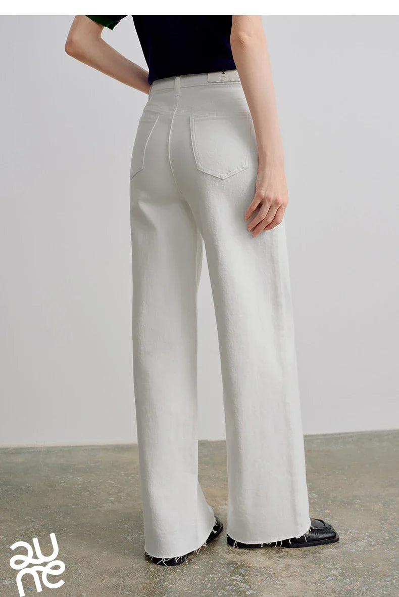 Women Jeans 2026 Spring New Black Label Lycra Stretchy White Frayed Cuff Loose Wide-Leg Pants