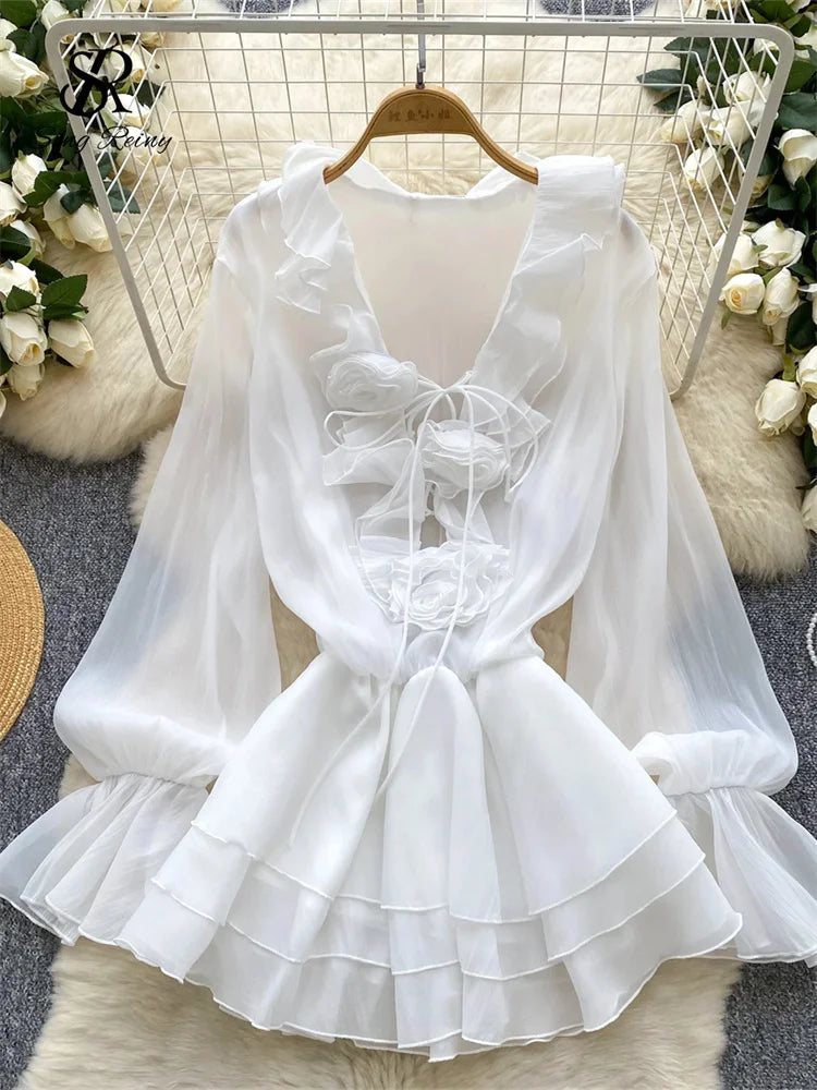 3D Floral Beach Short Dress Female Long Sleeves Lace Up Ruffle Chiffon Cake Sundress Sheer Sexy Vintage Bohemian Dress