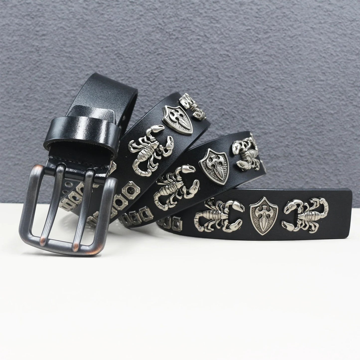 Rock Genuine Leather Luxury Punk Belt Jeans Heavy duty Hollow manual  Designer Brand Belt Men Rivet Three-pin buckle Belt Male