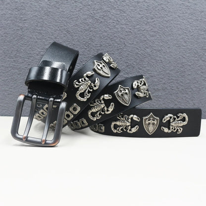 Rock Genuine Leather Luxury Punk Belt Jeans Heavy duty Hollow manual  Designer Brand Belt Men Rivet Three-pin buckle Belt Male