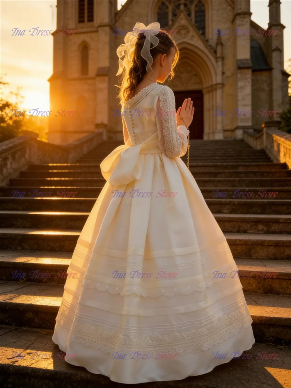 Elegant Long-sleeved Tulle Lace Printing Flower Girl Dress Princess Ball First Communion Dresses Kids Surprise Birthday Present