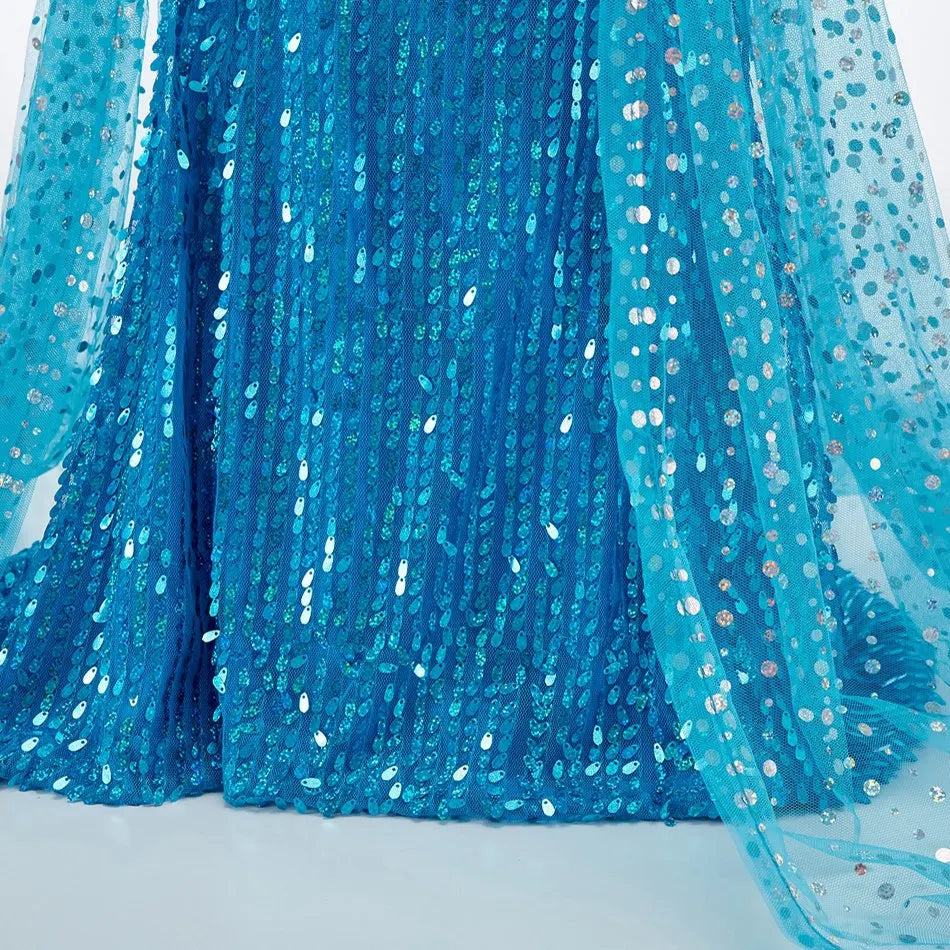 Children Carnival Blue Sequins Elsa Cosplay Dress Girls Elegant Blue Princess Costume Kids Halloween Birthday Party Clothes