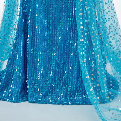 Children Carnival Blue Sequins Elsa Cosplay Dress Girls Elegant Blue Princess Costume Kids Halloween Birthday Party Clothes