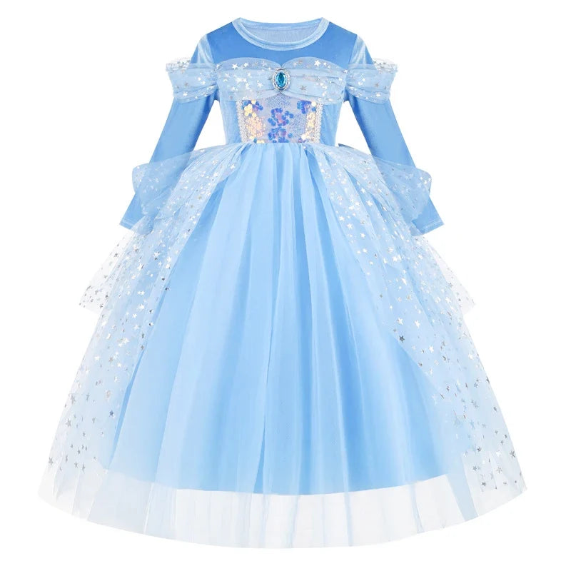 Girl Cinderella Dress Long Sleeve Princess Cosplay Costume Blue Sequin Children Bithday Surprise Kids Ball Gown