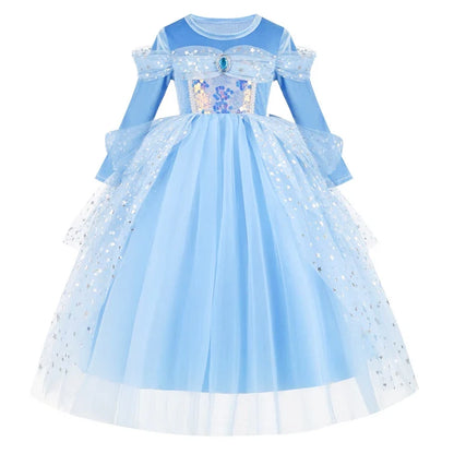 Girl Cinderella Dress Long Sleeve Princess Cosplay Costume Blue Sequin Children Bithday Surprise Kids Ball Gown