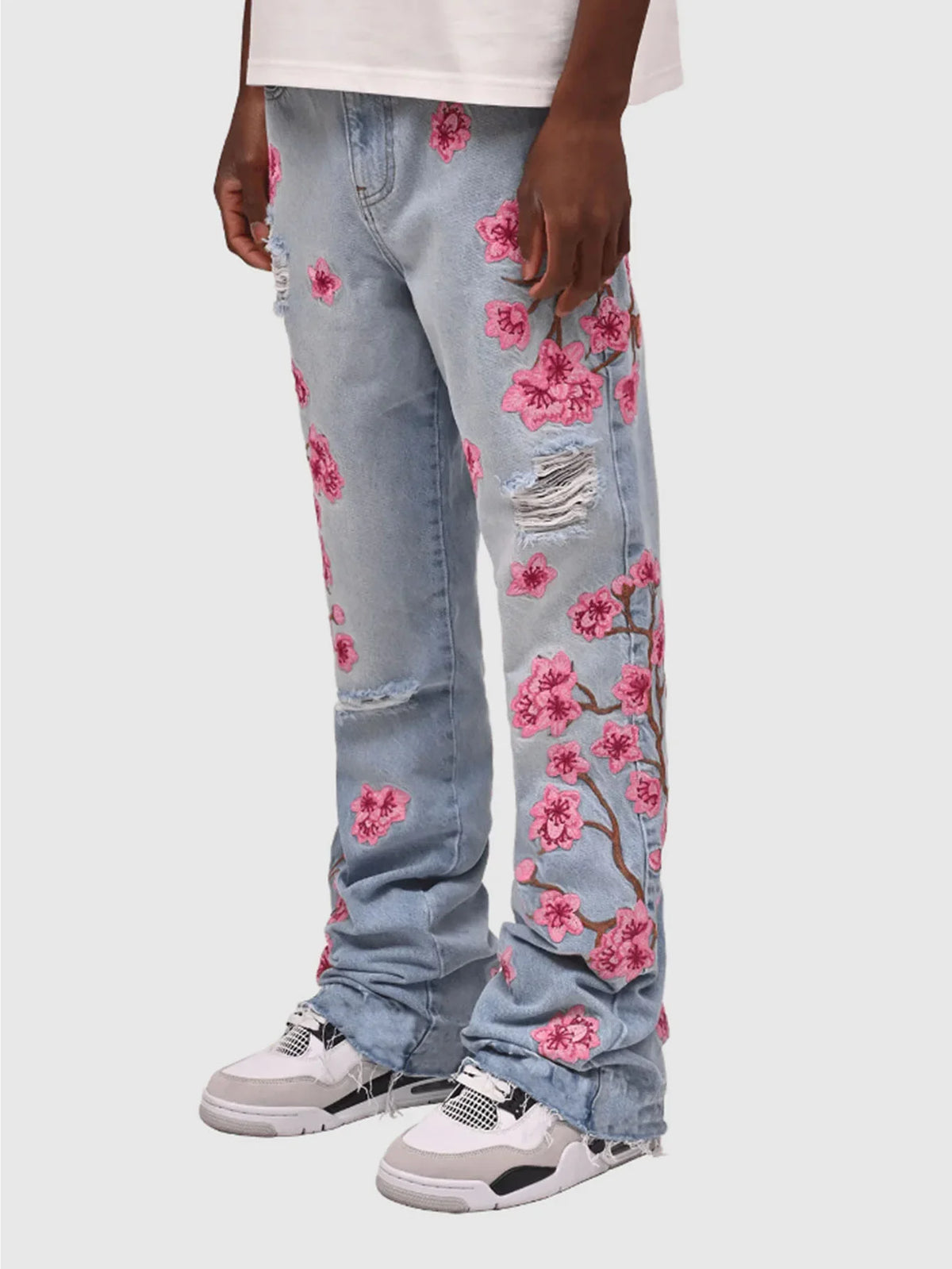 Men Jeans Print Straight Pants Men Denim Jean Button Pockets Pants Streetwear High Street Mid Waist Hole Spliced Spring Summer