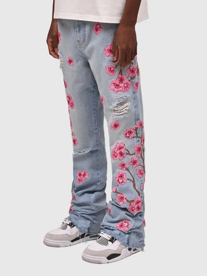 Men Jeans Print Straight Pants Men Denim Jean Button Pockets Pants Streetwear High Street Mid Waist Hole Spliced Spring Summer