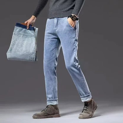 Winter Fleece Thick Warm Jeans Classic Brand Business Casual Men's Fitted Straight Stretch Mid-high Waist Denim Jeans