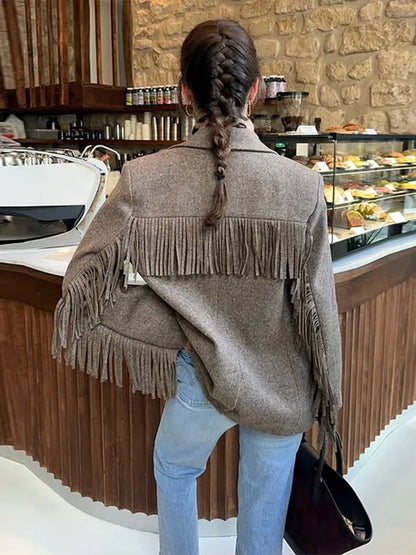 Tassels Woolen Suit Jacket Women Elegant Turn-down Collar Long Sleeve Single Breasted Pocket Autumn Winter Coats New Outerwears