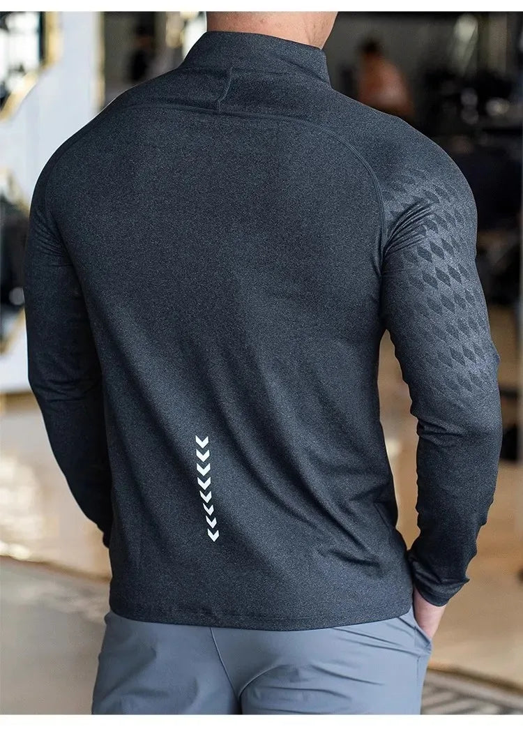 New Autumn Winter Running Gym Men Shirt Long Sleeve Tees Elastic Fit Sports Training Fitness Quick Dry Zip Collar Polo T Shirt