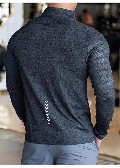 New Autumn Winter Running Gym Men Shirt Long Sleeve Tees Elastic Fit Sports Training Fitness Quick Dry Zip Collar Polo T Shirt