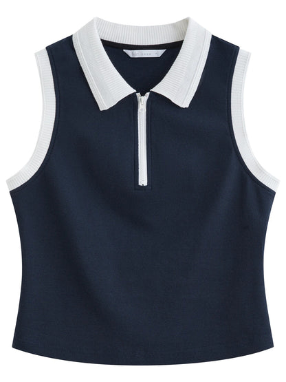 Minimalism Old Money Style POLO Collar Casual Vest for Women 2025 Summer New Arrival Slim Fit T-shirt Tank Top 25FS12210