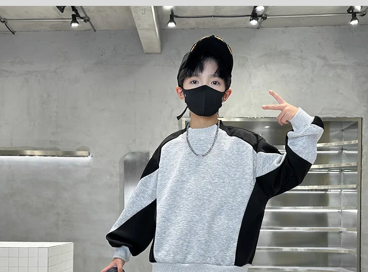Spring Boys Black x Grey Contrast Pullover Sweatshirt+Sweatpant Work Set School Kid 2PCS Tracksuit Children Jogger Outfit 5-16Yr
