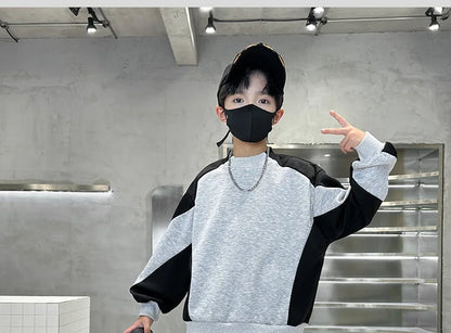 Spring Boys Black x Grey Contrast Pullover Sweatshirt+Sweatpant Work Set School Kid 2PCS Tracksuit Children Jogger Outfit 5-16Yr