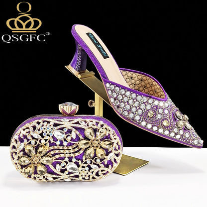Nigerian Design Comfortable Women's Shoes with Diamond Oval Bag Women's High Heels for Party or Work