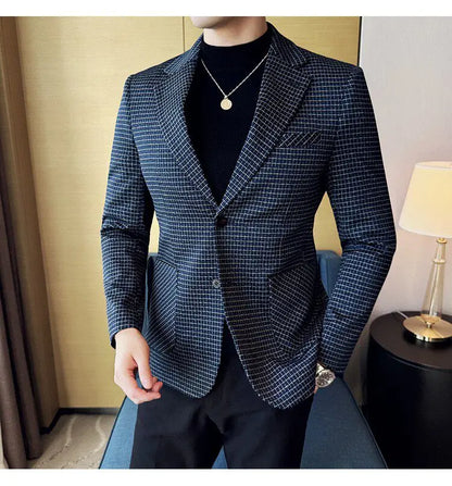 Men's Elegant Grid Suit Jacket 2026 Spring New Fashion Slim Blazer Jackets Social Prom Dress Jacket Men's High Quality Clothing