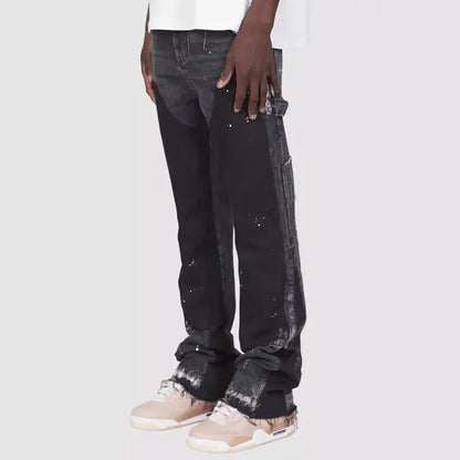 2025 Men's Fashion Jeans Work Pants, European and American Fashion Workwear Elastic Patchwork Denim Layered Flared Pants S-XXL