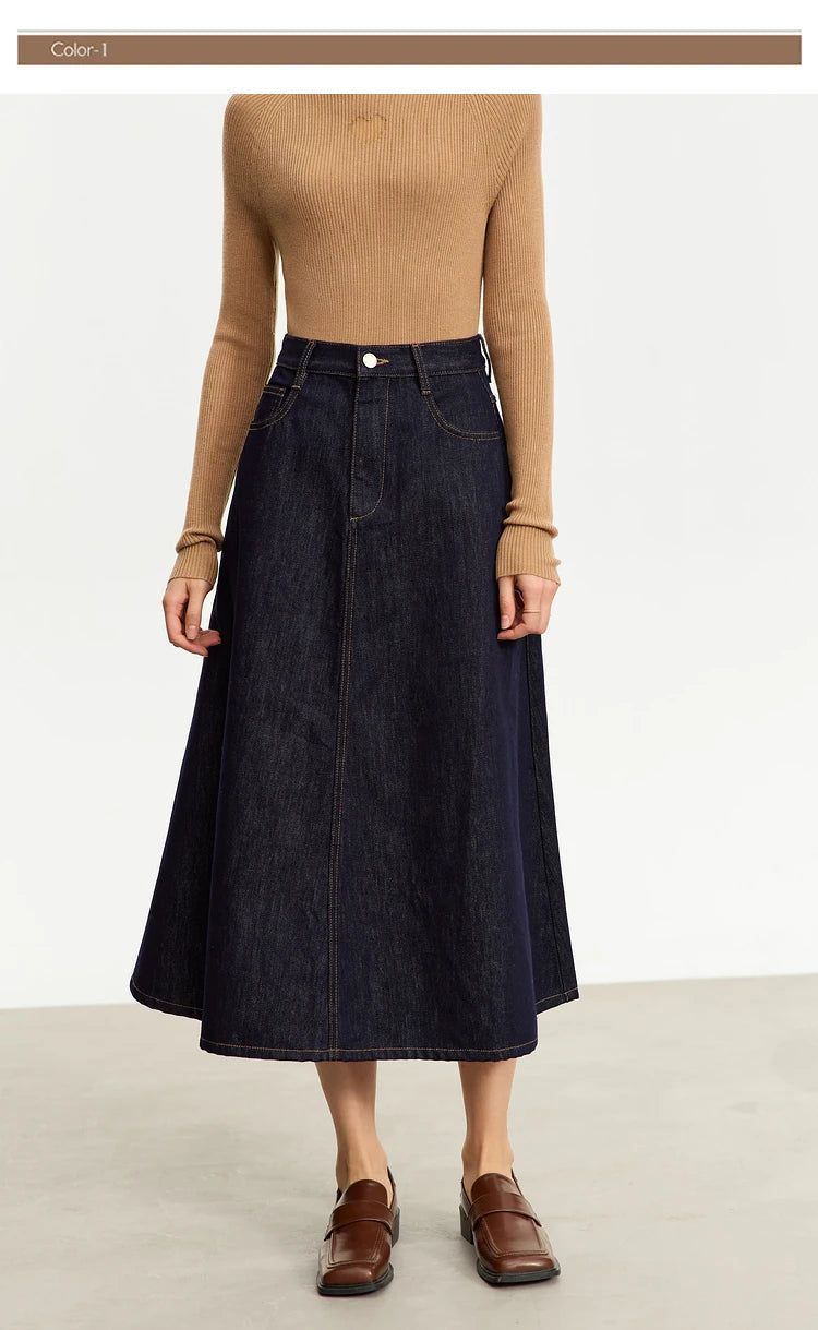 Minimalist Women Denim Skirt 2025 Autumn New French Retro Loose Basics Casual A-line Office Lady Cotton Midi Skirt 12343070