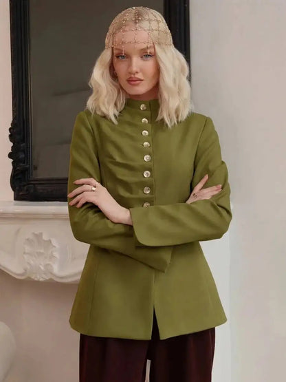 Women 2026 Spring Autumn Mandarin Collar Blazer Ruched Front Multi Row Buttons Long Sleeve Fit Formal Office Outerwear Coat