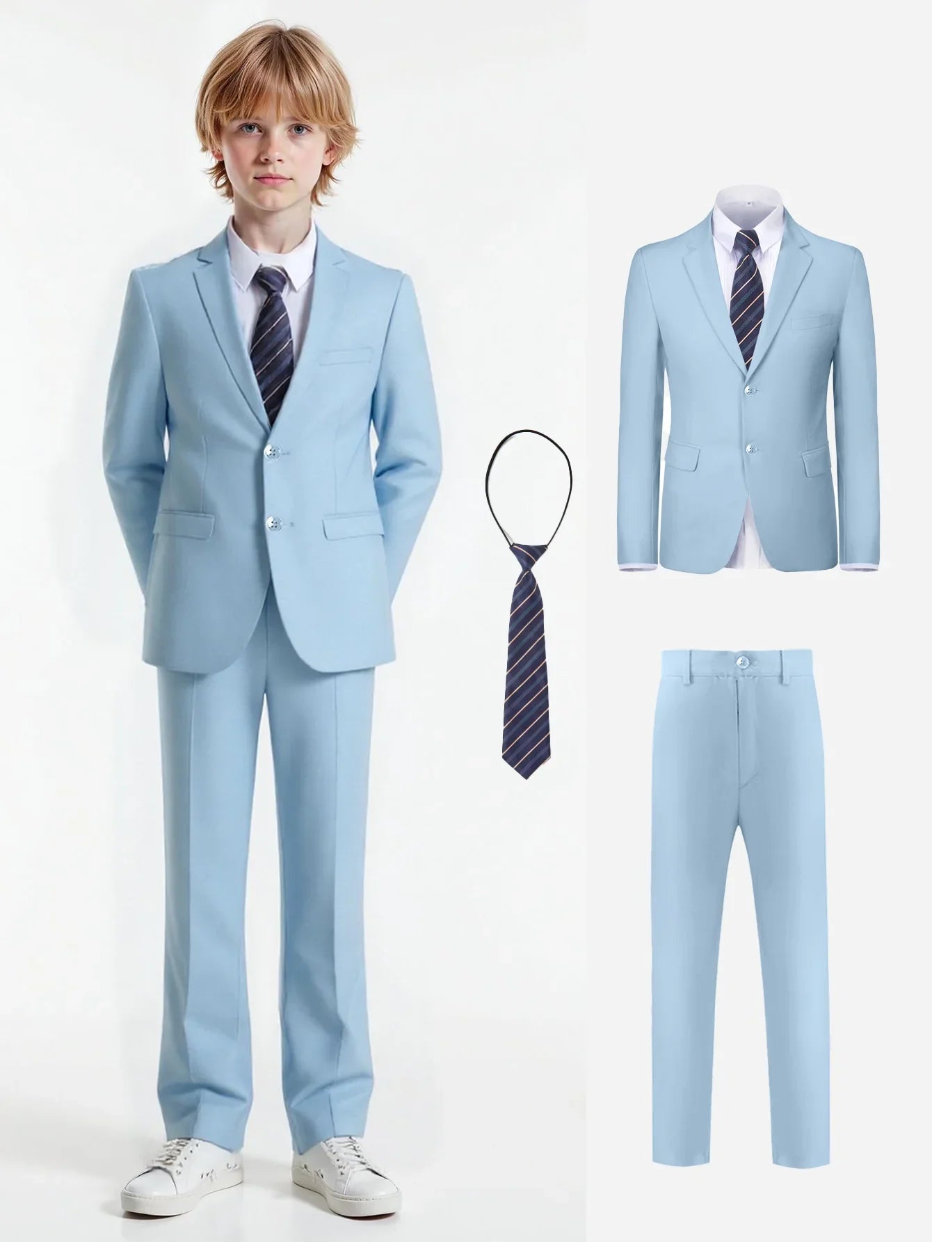Boys Suit 3-Piece Jacket Pants Navy Yellow Pinstripe Tie Casual Fashion Wedding Birthday Party Size 4-16Y Teen Suit Tuxedo