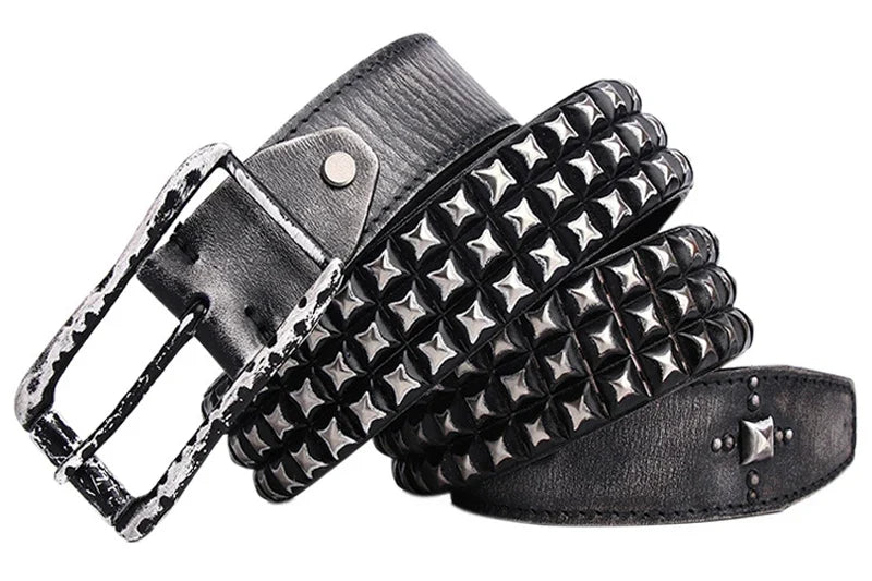 3.8CM Retro Real Genuine Leather Belt Luxury Thick Rivet Belts Men Leather Vintage Strap Male Wide Jeans Ceinture Black Waist